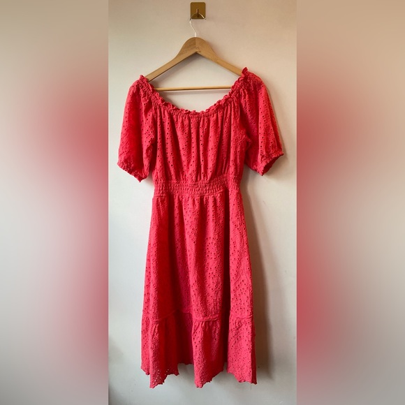 Betsey Johnson | Large Coral Cotton Off Shoulder Puff Sleeve Eyelet Midi Dress - Picture 8 of 8